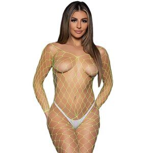 Wide Fishnet Long Sleeve Bodystocking with Open Bottom - Neon Green